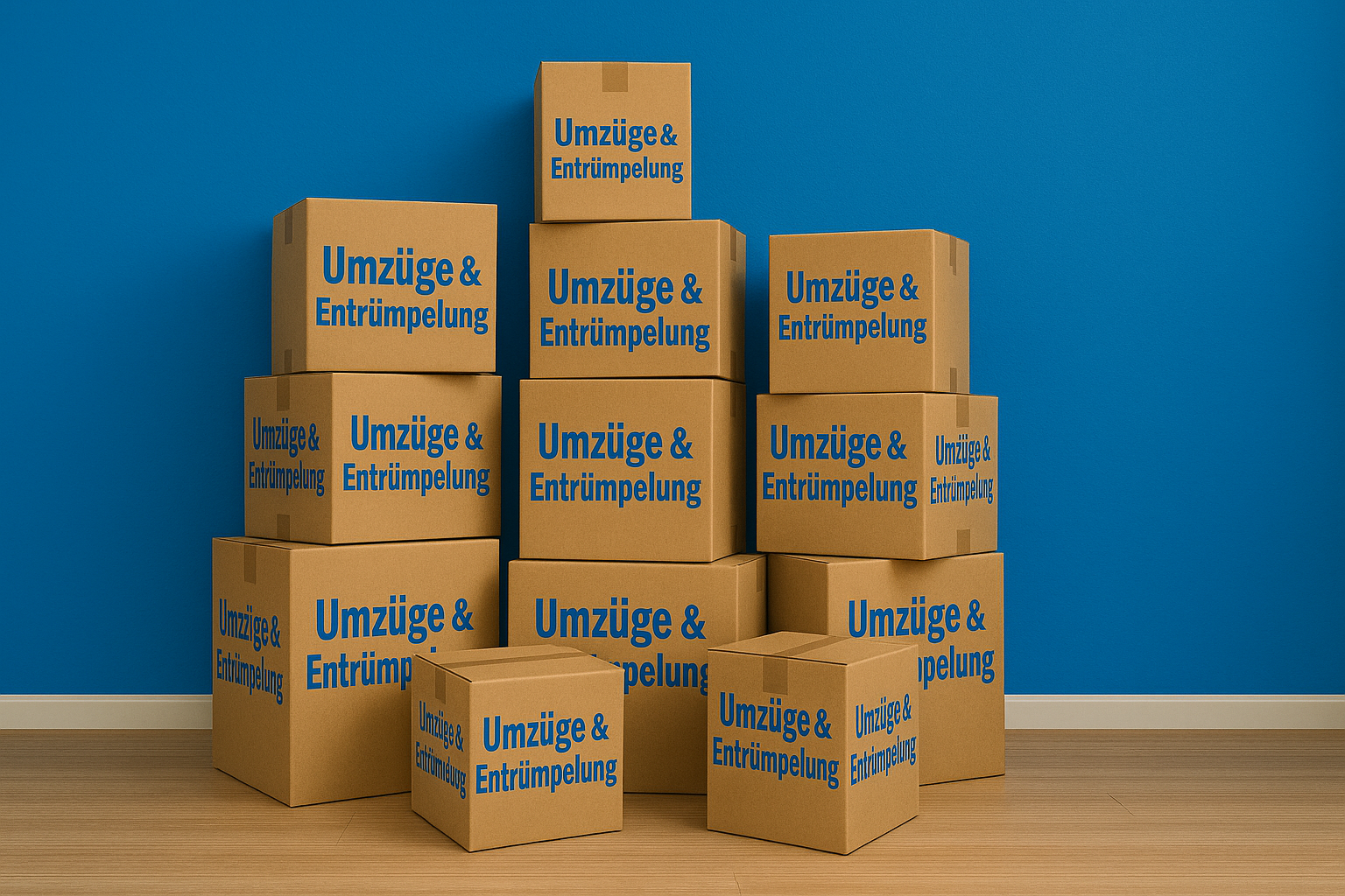 Gestapelte Umzugskartons mit Aufschrift Umzüge & Entrümpelung – Symbol für Dienstleistungen von Jacobs An und Verkauf